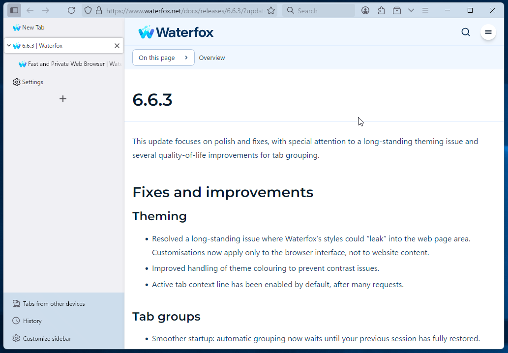 (スクリーンショット:Waterfox 6.6.xでタブのツリー表示を有効化した様子)